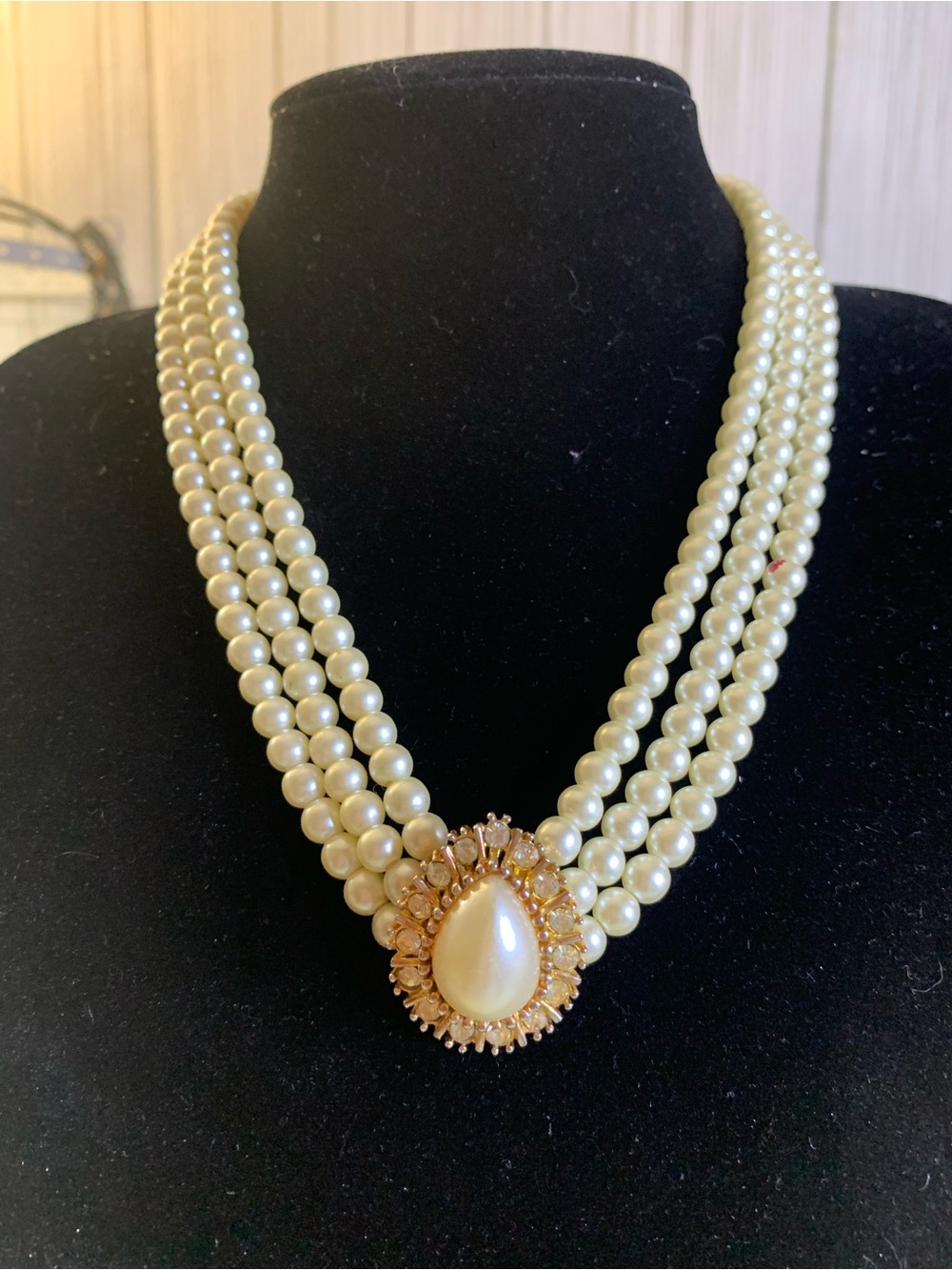 Faux Pearl Multi-Strand Necklace with Gold Teardrop Pendant